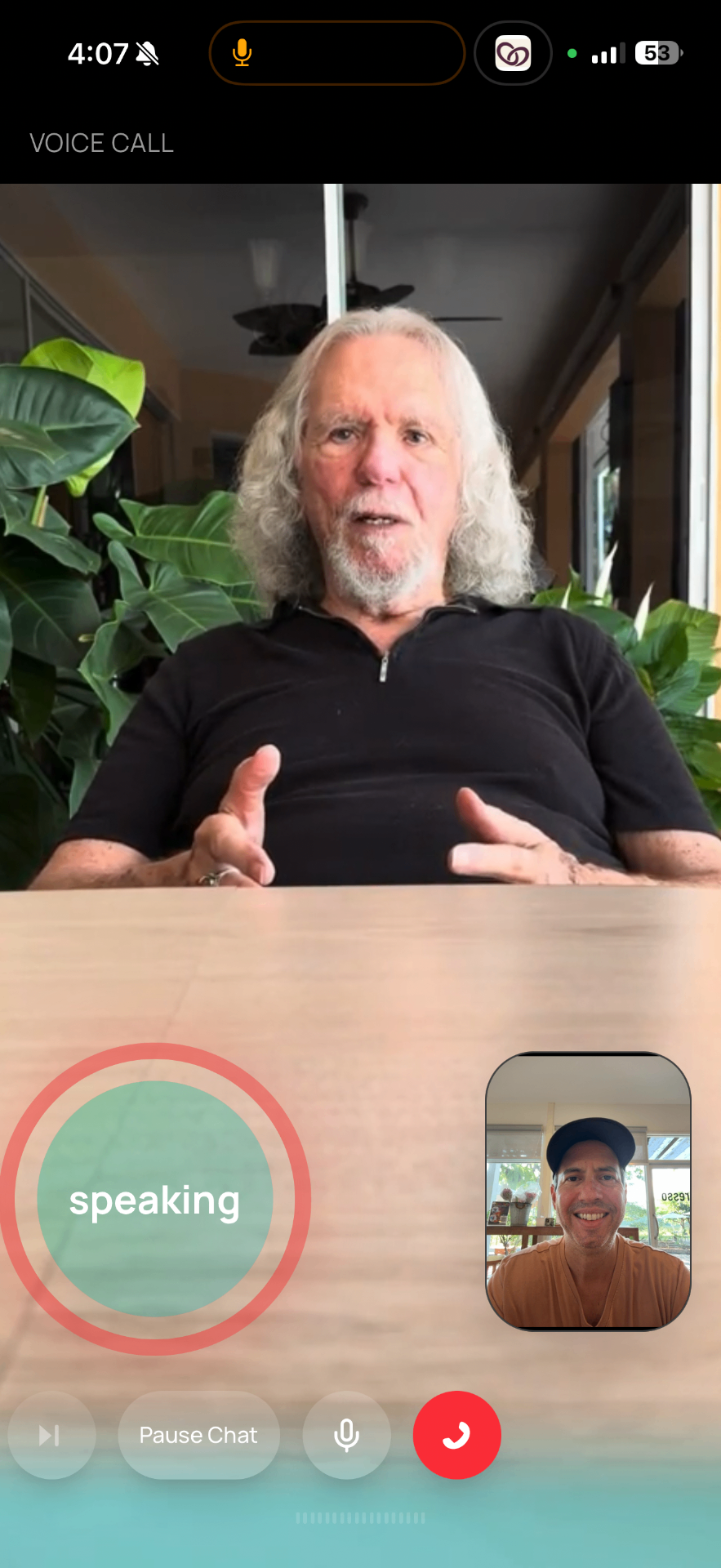 A Lovu video call showing the avatar, caller's camera preview and call controls