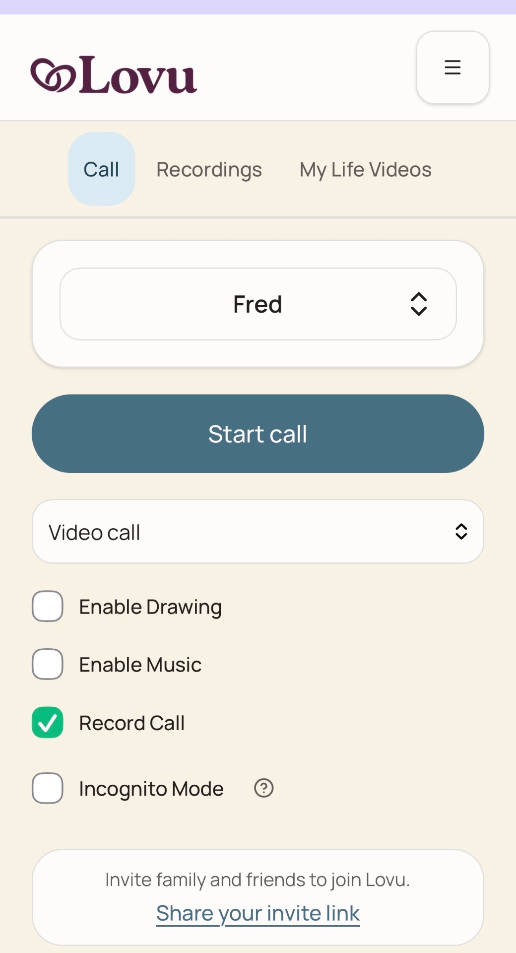Lovu call screen with avatar choice, video call setting, recording option and drawing and music controls