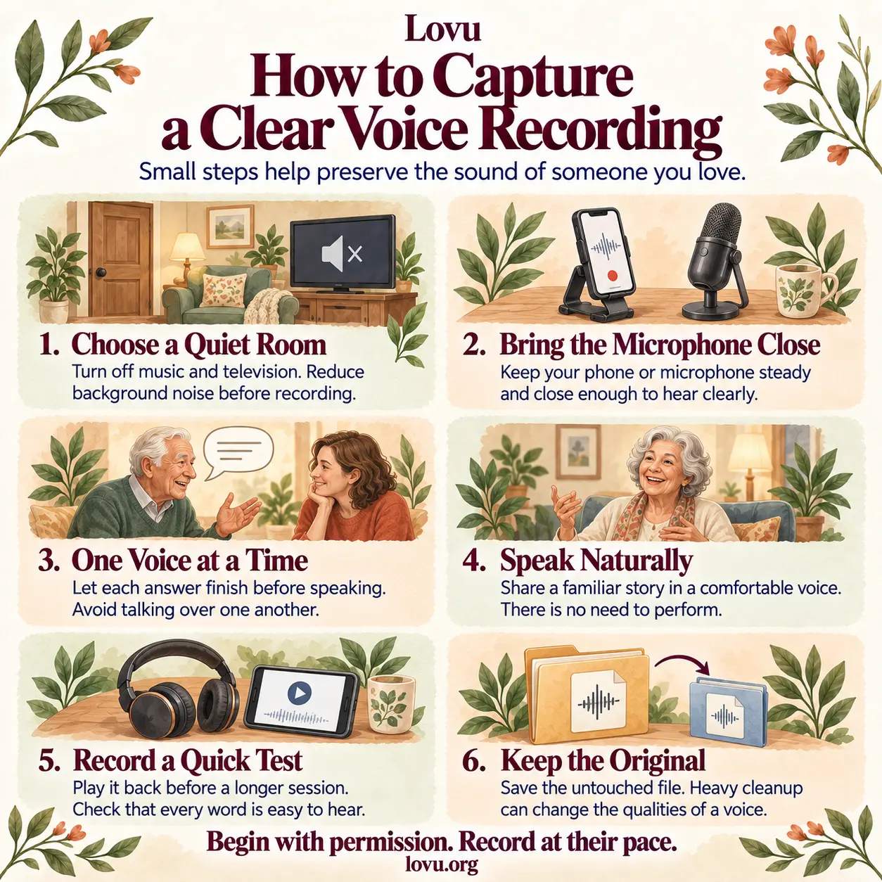 Six ways to capture a clear voice recording: quiet room, close microphone, one voice at a time, natural speech, playback check and original file