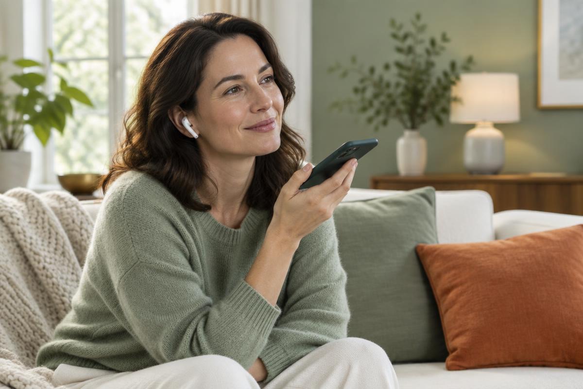 Woman listening to a call on her phone at home