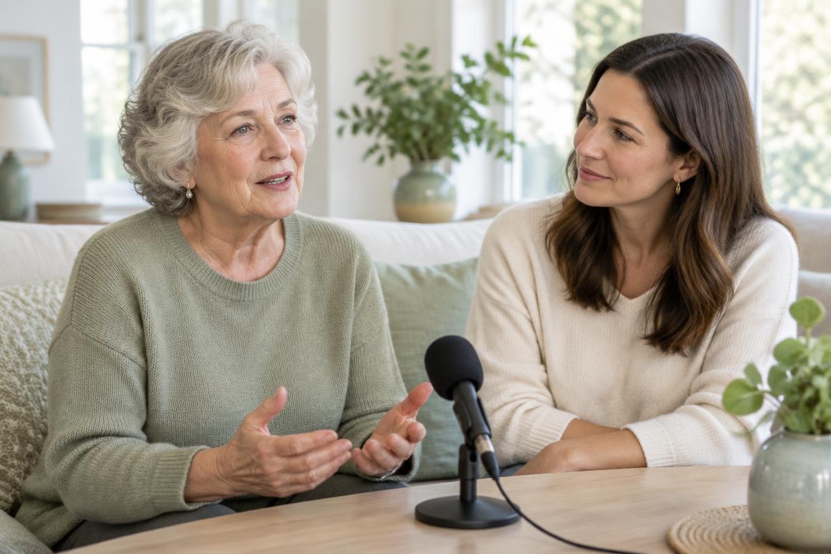 An older woman sharing stories into a microphone with her daughter