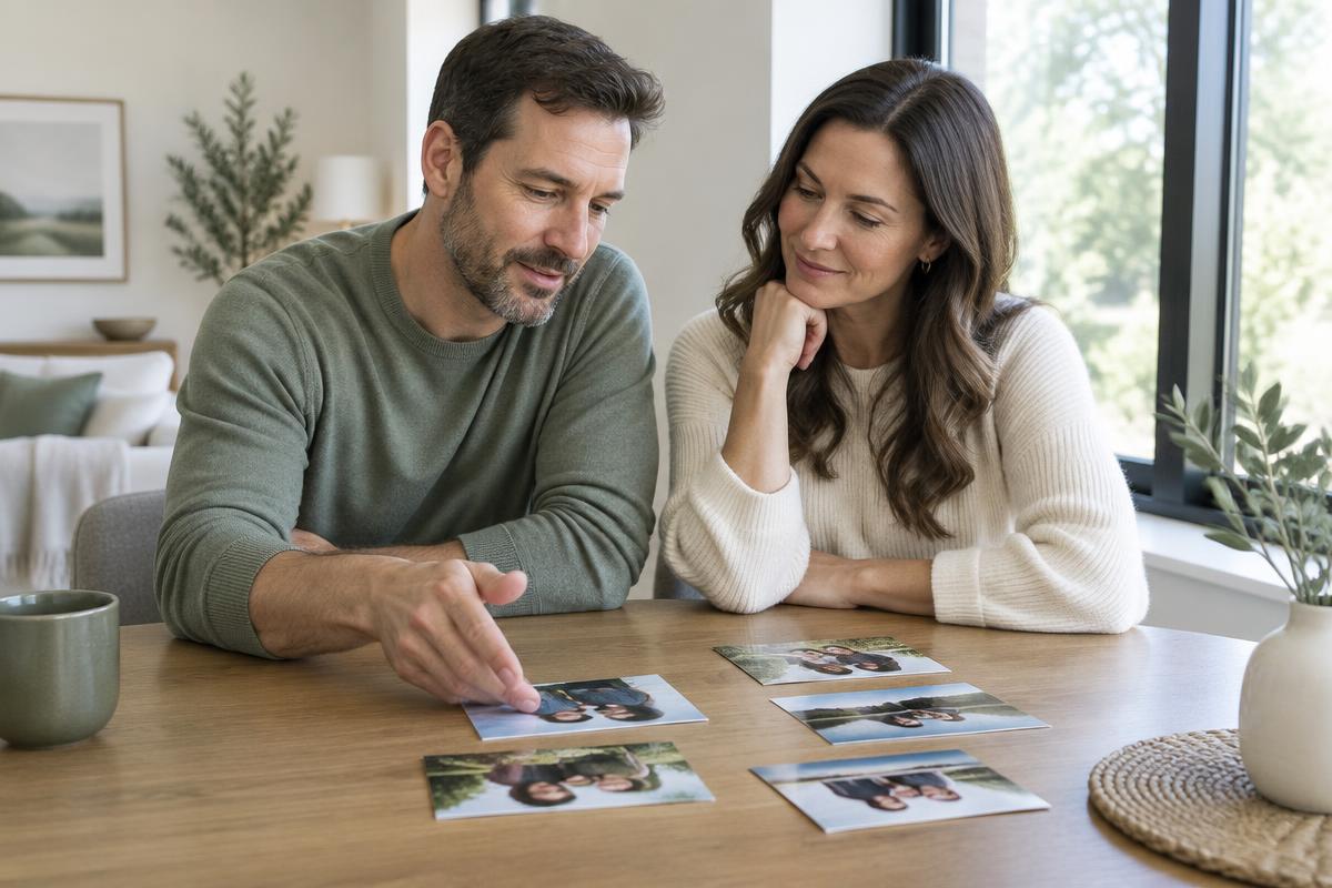 Couple talking together over family photographs