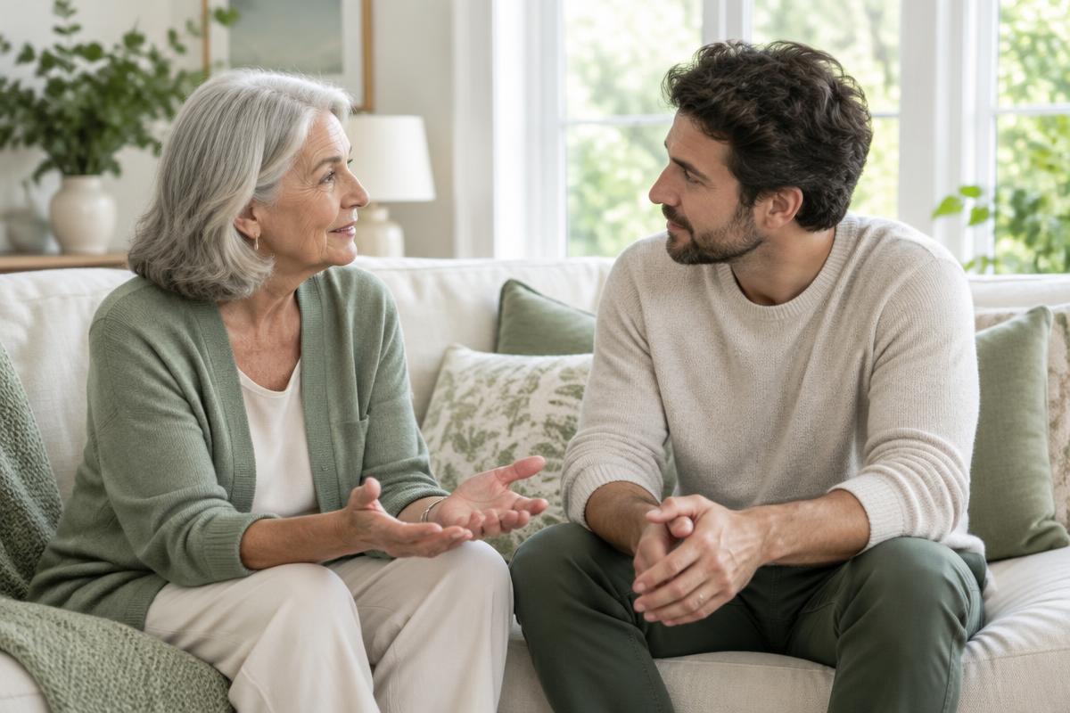 Older woman leading a conversation with her son
