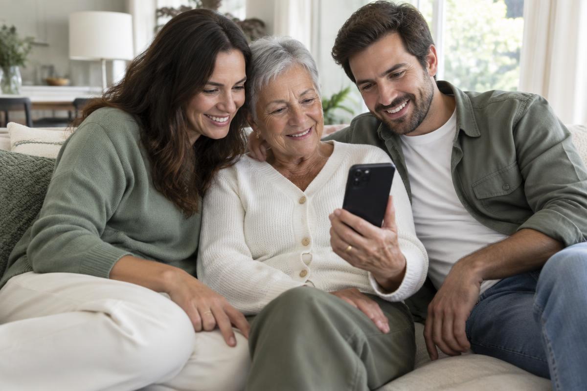 Three generations looking at a phone together