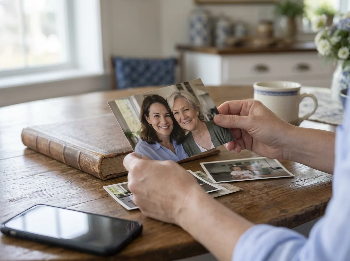 Family photographs, recordings and an album on a table