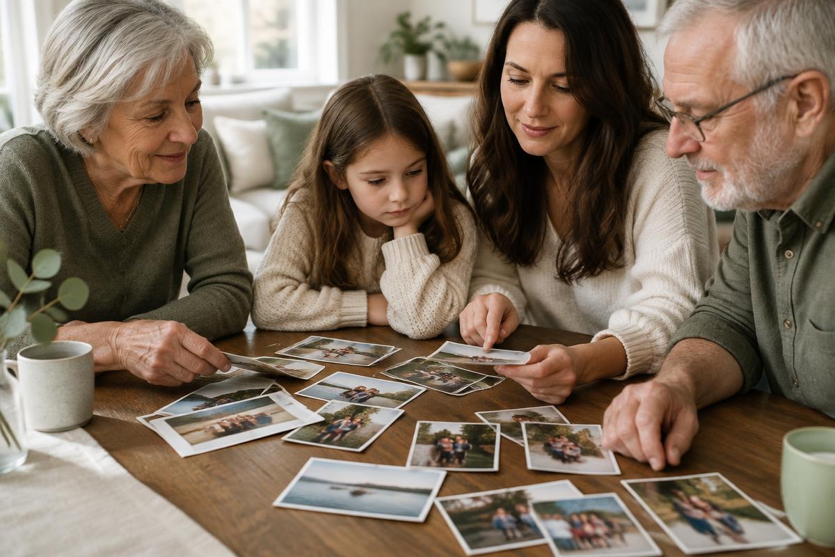 Family members looking through loose photographs together