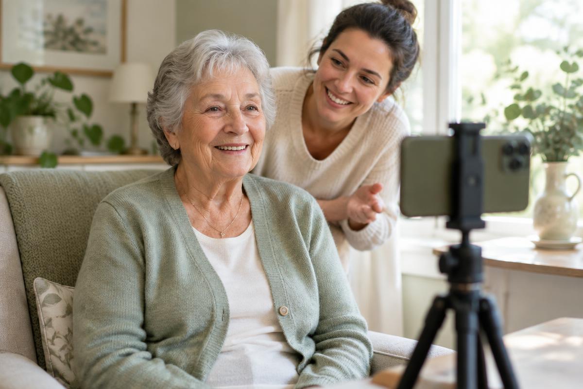 Older woman recording a story with a family member nearby