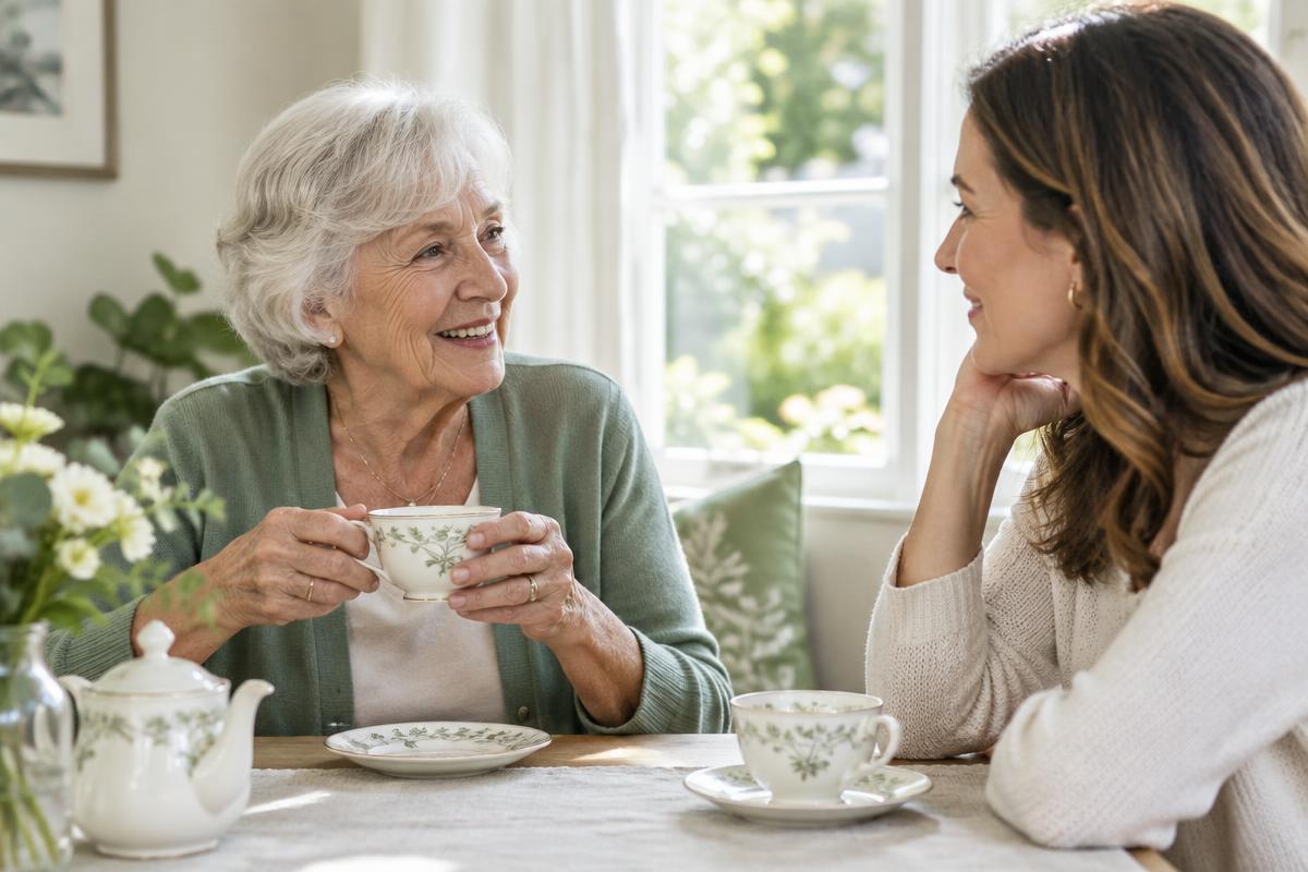 Older woman enjoying tea and conversation with her daughter