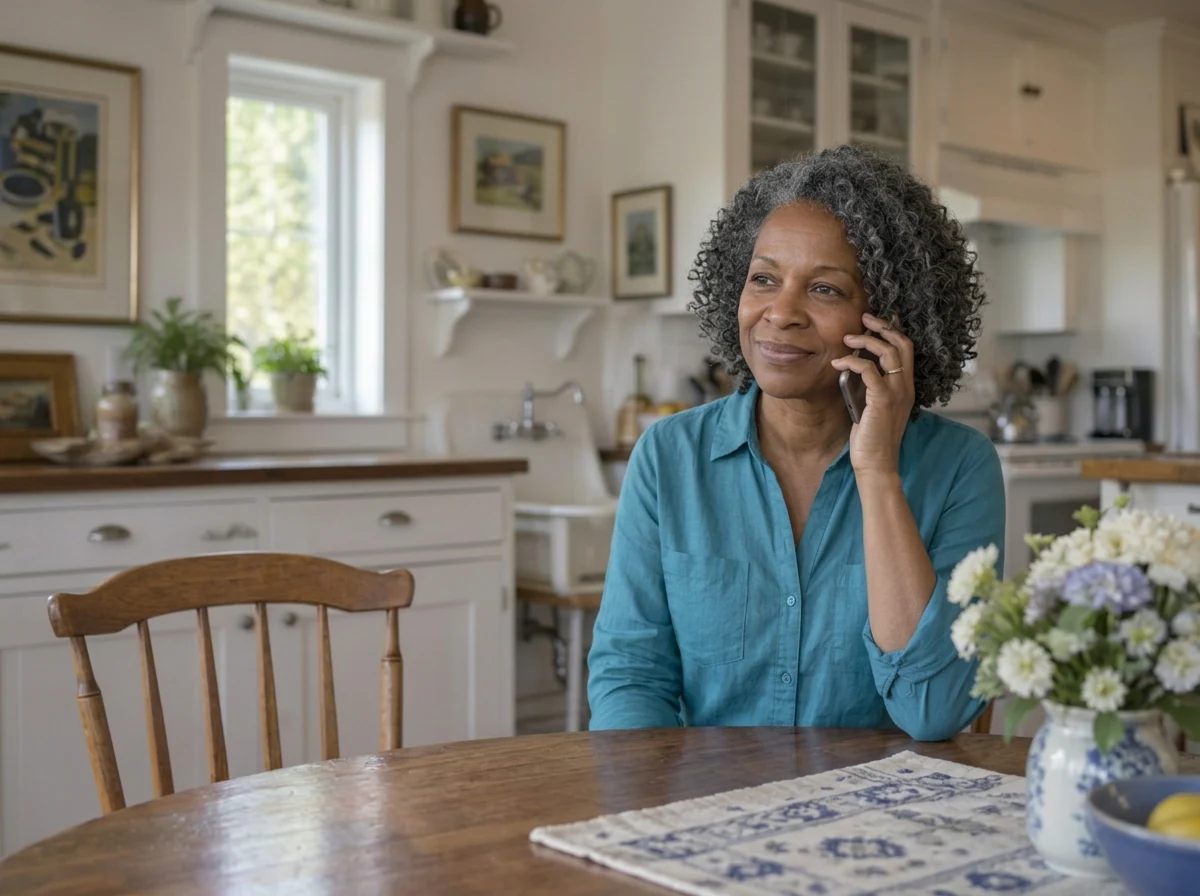 Patricia making a phone call at home