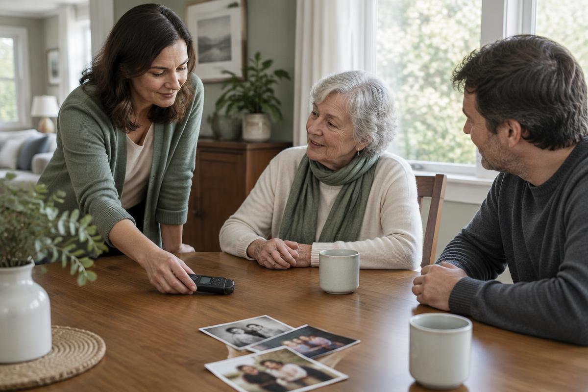 Family setting a recorder on the table before a conversation