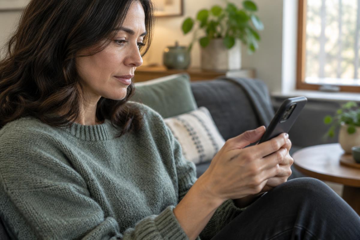 Woman reviewing her phone privately at home