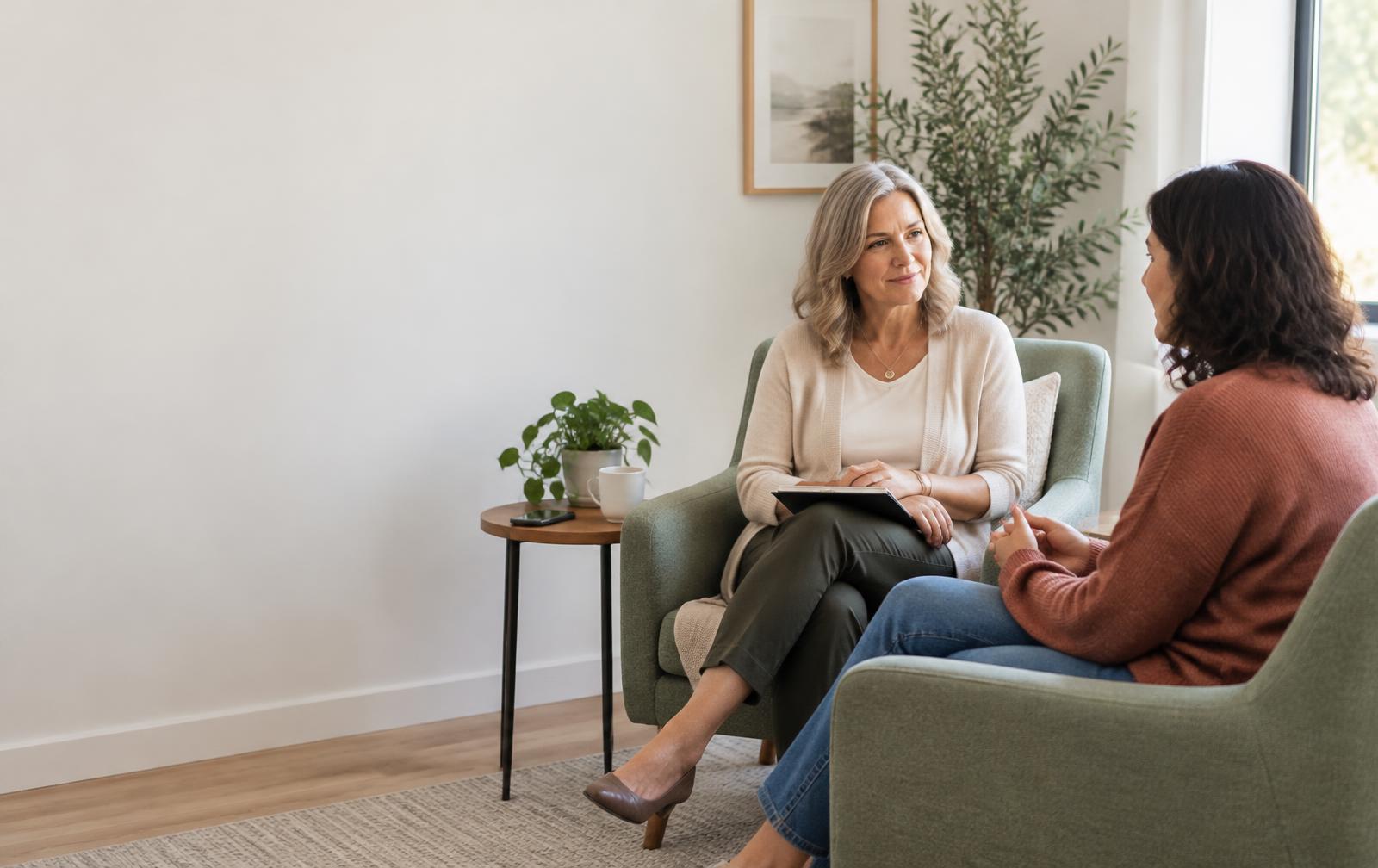 Two adults in a calm consultation room, with a phone resting on a nearby table
