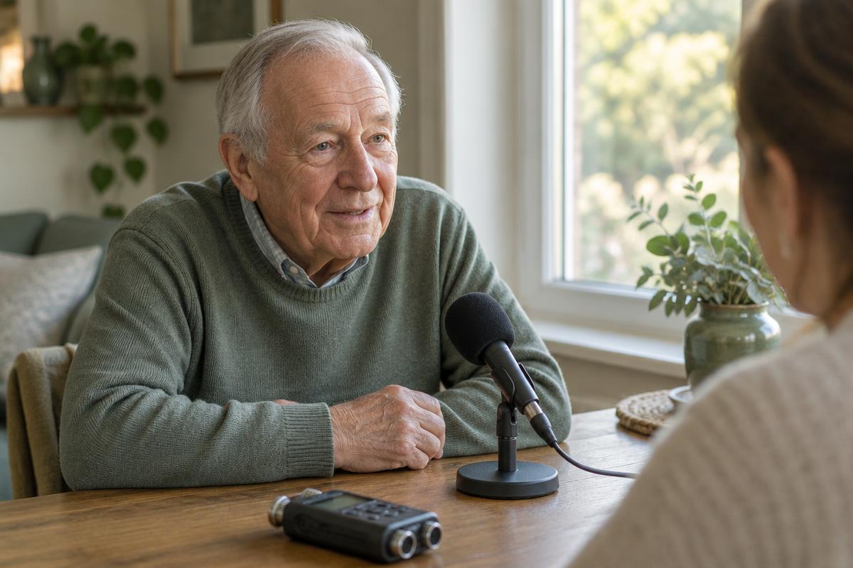 Older man sharing his voice into a microphone